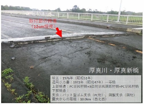 厚真新橋の路面。奥のPC桁と橋台背面の土工部に約12cmの段差が生じた(資料:北見工業大学・宮森保紀准教授)