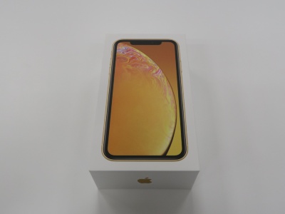 「iPhone XR」の外箱。ノッチが目立つ壁紙が採用されている。側面の「iPhone」の文字とリンゴマークは筐体色に合わせたのか金色。黒色だったXS/XS Maxの箱に比べると、華やかな印象だ