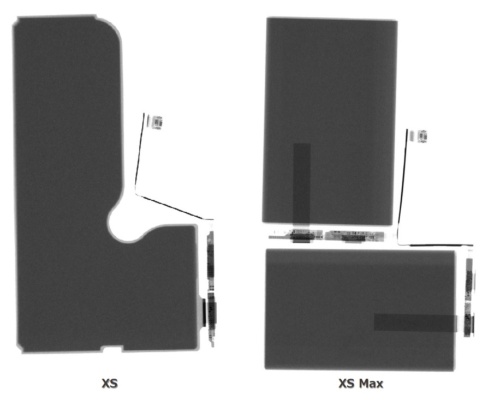 「iPhone XS」と「iPhone XS Max」の電池セルをX線撮影した様子