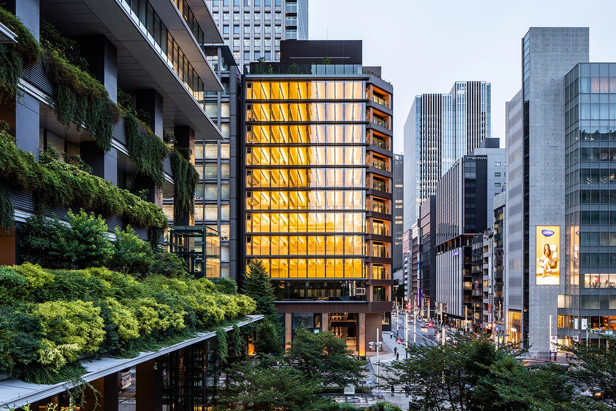 第一生命京橋キノテラスを銀座方向から見る。手前には東京スクエアガーデンの公開空地が広がるため、そこからの見通しが利く（写真：第一生命保険、清水建設）