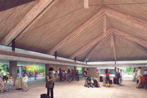 下地島空港ターミナル施設プロジェクトでは、屋根・天井面にCLTを使い、施工手間の低減とリゾート感の演出に生かす（資料：三菱地所）