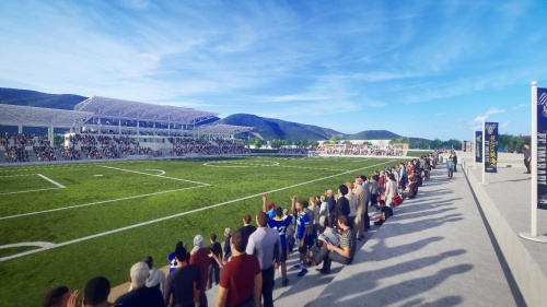 里山スタジアムのサブスタンド側のイメージ。芝生席やテラス席なども用意し、観客が好みの観戦環境を選択できるようにする（資料：今治．夢スポーツ）