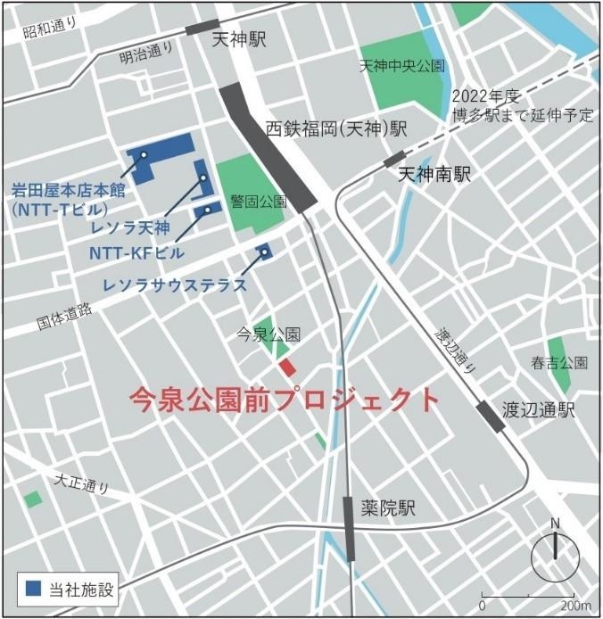 敷地は、福岡の繁華街である天神地区に隣接する。施設の目の前は、通称「三角公園」と呼ばれる今泉公園（資料：NTT都市開発）