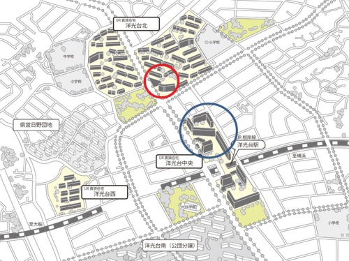 洋光台団地の配置図。青い丸が中央広場、赤い丸が北集会所の位置（資料：UR都市機構）