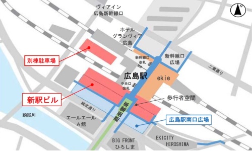 新駅ビルの2階レベルの配置図。駅ビルの外にある歩行者空間（濃い青の部分）は、広島市の整備イメージ（資料：JR西日本、JR西日本不動産開発、中国SC開発、JR西日本ホテル開発）