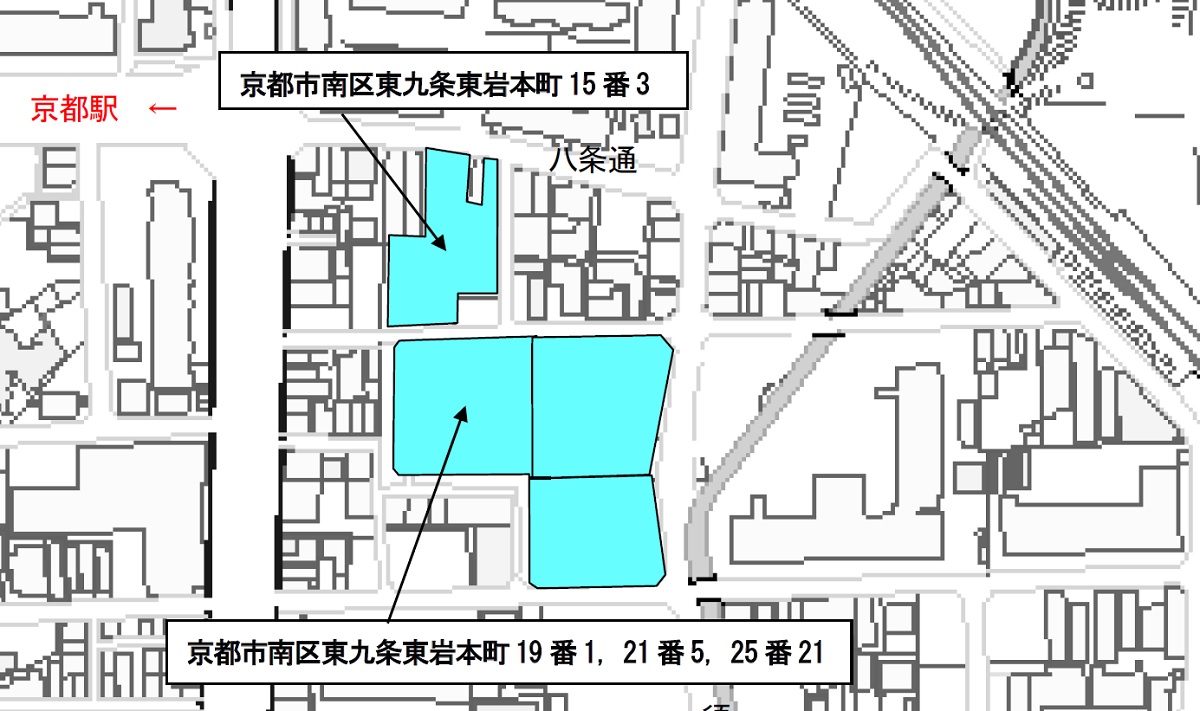 対象となる市有地は青色の2カ所。北側が市有地A、南側が市有地B（資料：京都市都市計画局）