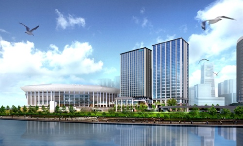 ミュージックテラスの完成イメージ（横浜駅側からの眺め）。左がアリーナ棟「Kアリーナ横浜」、中央がホテル棟「ヒルトン横浜」、右がオフィス棟「Kタワー横浜」（資料：ケン・コーポレーション）