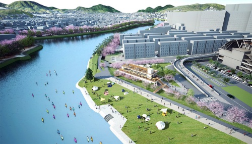基町環境護岸および西側広場エリアのイメージ。事業者公募時の提案資料によると、飲食・物販店などの外側の空間(特定公園施設)にICT設備を整備し、来場者の人流データを取得。施策の効果測定の精緻化や、管理運営面の課題抽出を計画している。ICTによる改善の成功体験をスタジアムや周辺の商店街にも横展開し、エリア価値の向上につなげる(資料:ACTIVE COMMUNITY PARK)