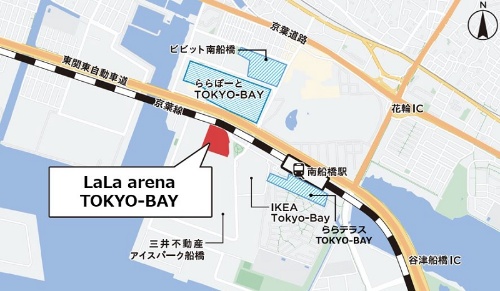 LaLa arena TOKYO-BAYはJR南船橋駅のすぐそば。向かい側には大型商業施設「三井ショッピングパーク ららぽーとTOKYO-BAY」がある(出所:三井不動産、MIXI)