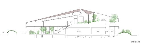 断面図。大階段と吹き抜けスペース、屋上テラスが建物の大きな割合を占める(資料:永山祐子建築設計)