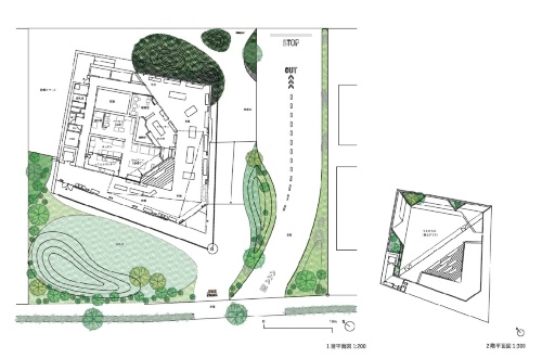 1階(左)と2階の平面図。建物はひし形の平面を対角線で分割し、大小2つの三角形をつなげたような計画としている(資料:永山祐子建築設計)