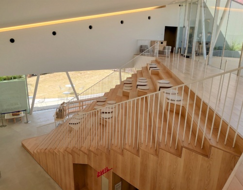 2階ホール(吹き抜けスペース)から見た大階段(写真:日経クロステック)