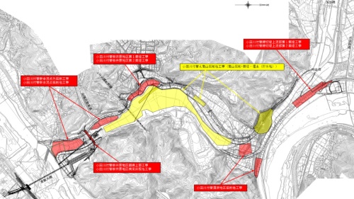 2021年度の工事予定箇所。黄色が鹿島JV、赤色が他の建設会社がそれぞれ請け負う（資料：国土交通省中国地方整備局）