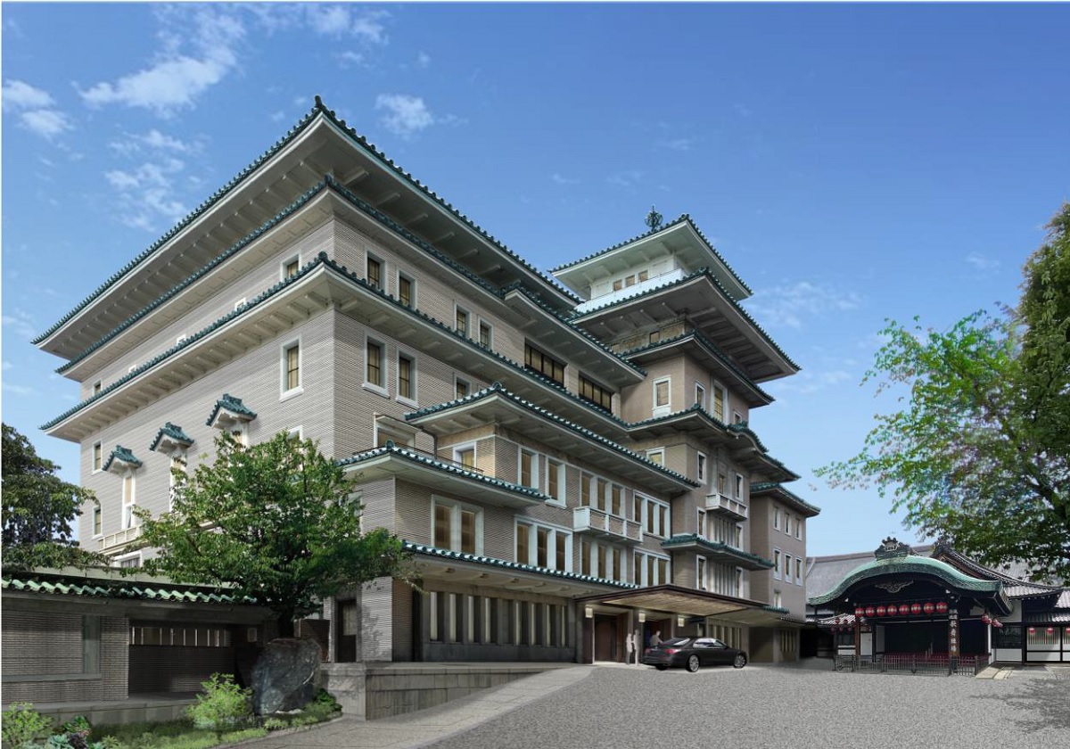 京都の祇園甲部歌舞練場敷地内に立つ「弥栄会館」の一部を保存活用した、新しい帝国ホテルの外観（南西面）イメージ。弥栄会館の外壁と構造体の一部を保存し、花見小路からの景観を引き継ぐ。右側は歌舞練場の玄関部分（資料：帝国ホテル）