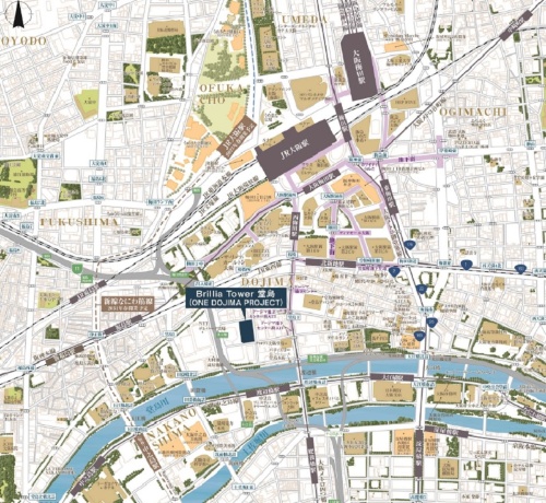 計画地は堂島川に近く、JR大阪駅まで徒歩9分の距離。他にも徒歩圏内に複数の駅がある。堂島川の対岸には、22年2月に開館したばかりの大阪中之島美術館がある（資料：東京建物）