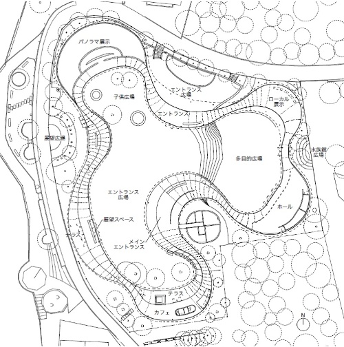 高松市屋島山上交流拠点施設の平面図。敷地面積は3416.62m<sup>2</sup>、建築面積は1178.58m<sup>2</sup>、延べ面積は983.72m<sup>2</sup>。構造は鉄骨造、鉄骨鉄筋コンクリート造、壁式鉄筋コンクリート造、一部鉄筋コンクリート造(資料:高松市)