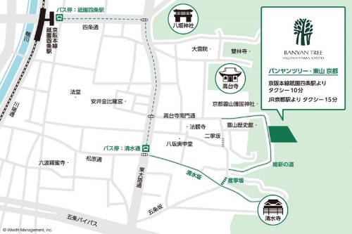 ホテルの位置図。清水寺と高台寺の中間、京都市東山区の高台にある。以前「ホテルりょうぜん」があった場所だ。東山の霊山エリアは古来、京都の街と山の境目で、自然と人工物、現世と来世を隔てる結界のような場所とされてきた。近隣には今も数多くの神社仏閣や墓地がある(出所:ウェルス・マネジメント、ワールド・ブランズ・コレクション ホテルズ&リゾーツ)