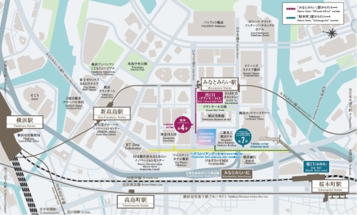 横浜コネクトスクエアはみなとみらい大通り沿いに立つ。最寄り駅はみなとみらい駅と桜木町駅（出所：パナソニックホームズ、鹿島、ケネディクス）