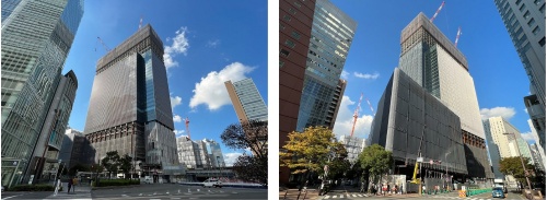 上棟した「梅田3丁目計画（仮称）」の超高層ビル。JR大阪駅とその周辺へのアクセスが良好。左はJR大阪駅前南側から、右は敷地南西側からそれぞれ撮影。2022年11月2日時点（写真：日本郵便、JR西日本、大阪ターミナルビル、JTB、日本郵政不動産）