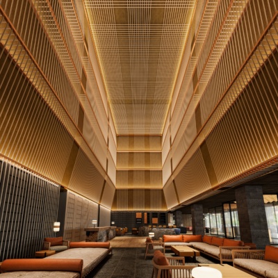 大型ホテルになるヒルトン京都のレセプション。天井が高い（出所：東京建物、米ヒルトン）