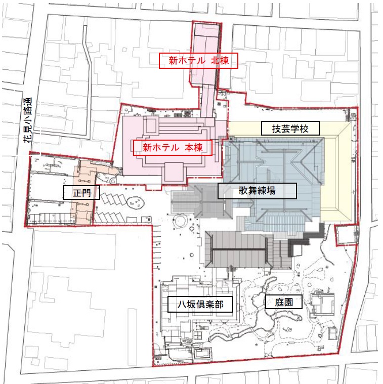 祇園甲部歌舞練場敷地の建物配置図。弥栄会館の敷地に「本棟」、弥栄会館北側の土地に「北棟」を建設する（出所：帝国ホテル）