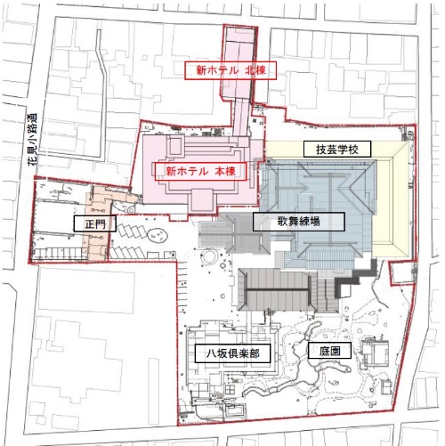 祇園甲部歌舞練場敷地の建物配置図。弥栄会館の敷地に「本棟」、弥栄会館北側の土地に「北棟」を建設する(出所:帝国ホテル)