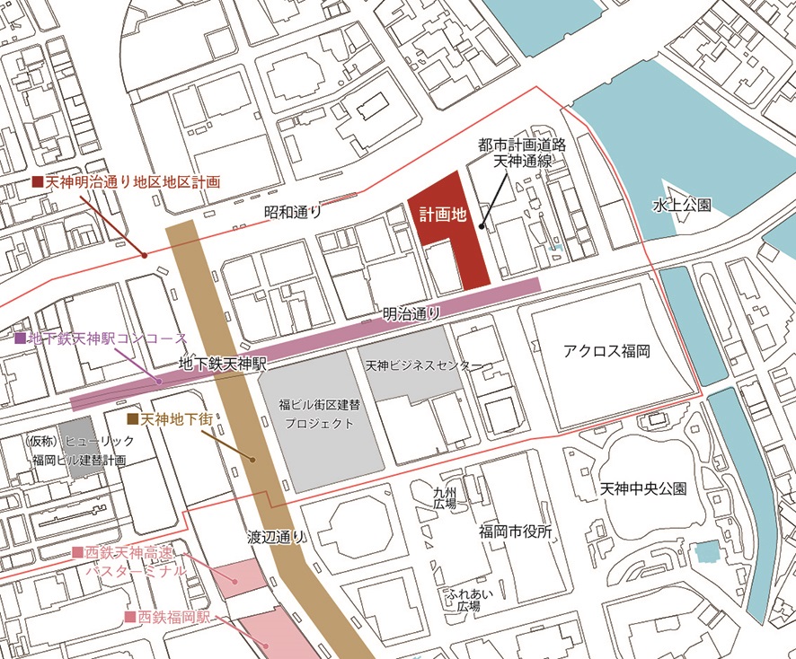 天神ビッグバンの中心部に近い計画地。斜め向かいには天神ビジネスセンターがある（資料：日本生命保険、積水ハウス）