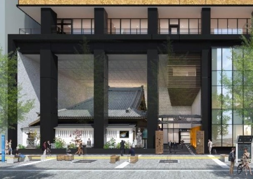 建物の低層部の完成イメージ。本堂が建物の中にある(出所:三津寺、東京建物、カンデオ・ホスピタリティ・マネジメント)