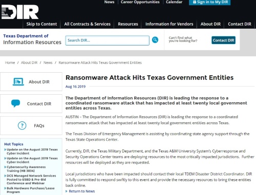 米テキサスのDIRが州内で同時発生したランサムウエア被害を報告