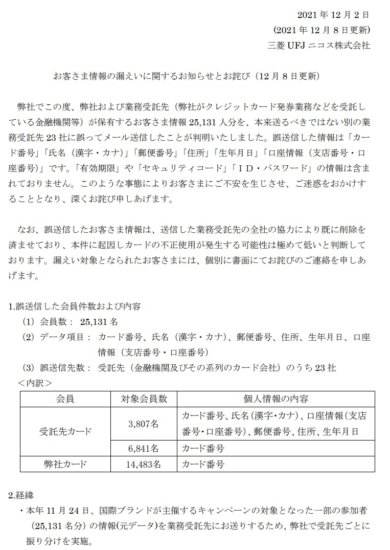 三菱UFJニコスがカード情報を誤送信、点検者が削除すべき情報に気付か