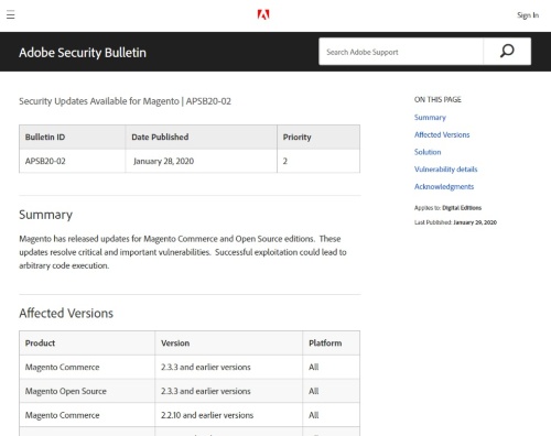 Magentoの脆弱性に関するセキュリティー情報「APSB20-02」