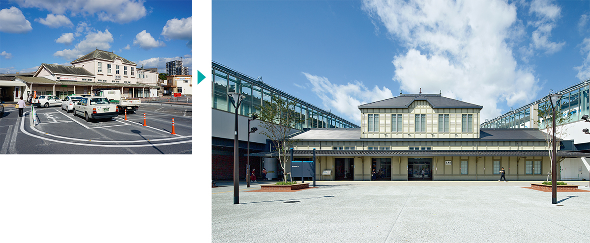 左は建て替え前、右は建て替え後の駅舎。建設当時の資料がない中、JR九州が作製した木造駅舎の調査図面などを手がかりに建設当時の駅舎の再現に努めた（写真：右はイクマ サトシ、左は赤川 貴雄）