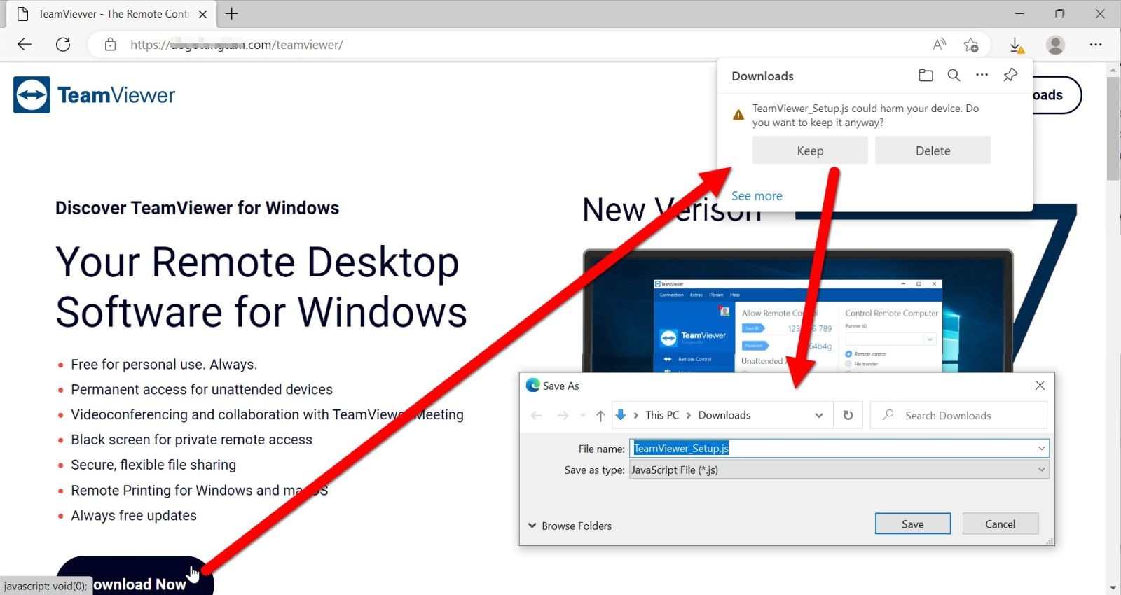 悪質なJavaScriptファイルをダウンロードさせようとする偽のTeamViewerページ