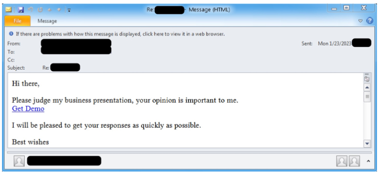 スクリーンタイム攻撃キャンペーンで米国のユーザーに送信されたメールの例。リンクをクリックするとJavaScriptファイルがダウンロードされる