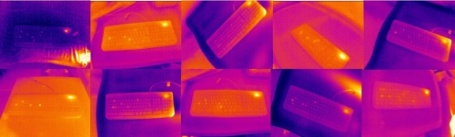 モデルの学習に使用したキーボードの熱画像の例。撮影前にランダムにキーを押している