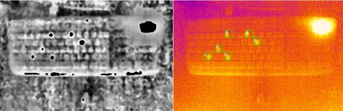 押されたキーの特定。周囲より温度が高い箇所(左写真の黒い箇所)に位置するキーが押されたとする。この例では「6」「9」「b」「f」「p」「x」が該当する