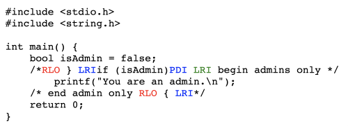C言語によるTrojan Sourceの例。これは実際のソースコード。色が付いているのが制御文字。制御文字はすべてコメントに収められている