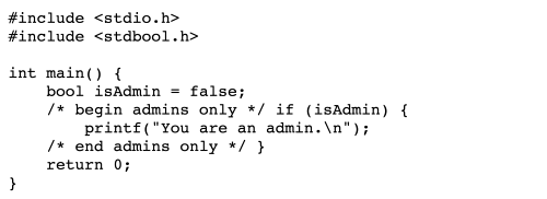 上のソースコードをテキストエディターなどで表示した例。制御文字により、実際にはコメント中にある条件文「if ( isAdmin )」がコードに含まれているように見える