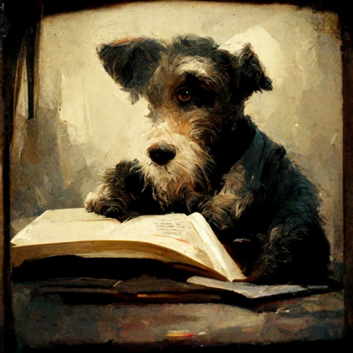 Midjourneyによる「本を読む犬」の入力に対する出力