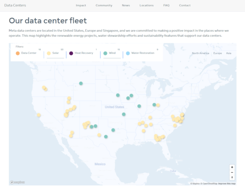 メタがデータセンターや再生可能エネルギー電源を公表するWebサイト