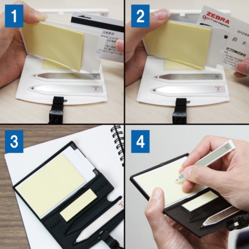 IDカード収納スペース（1）、名刺入れ（2）、付せん2種（3）、油性ボールペン2色（4）という4つの機能が詰まっている