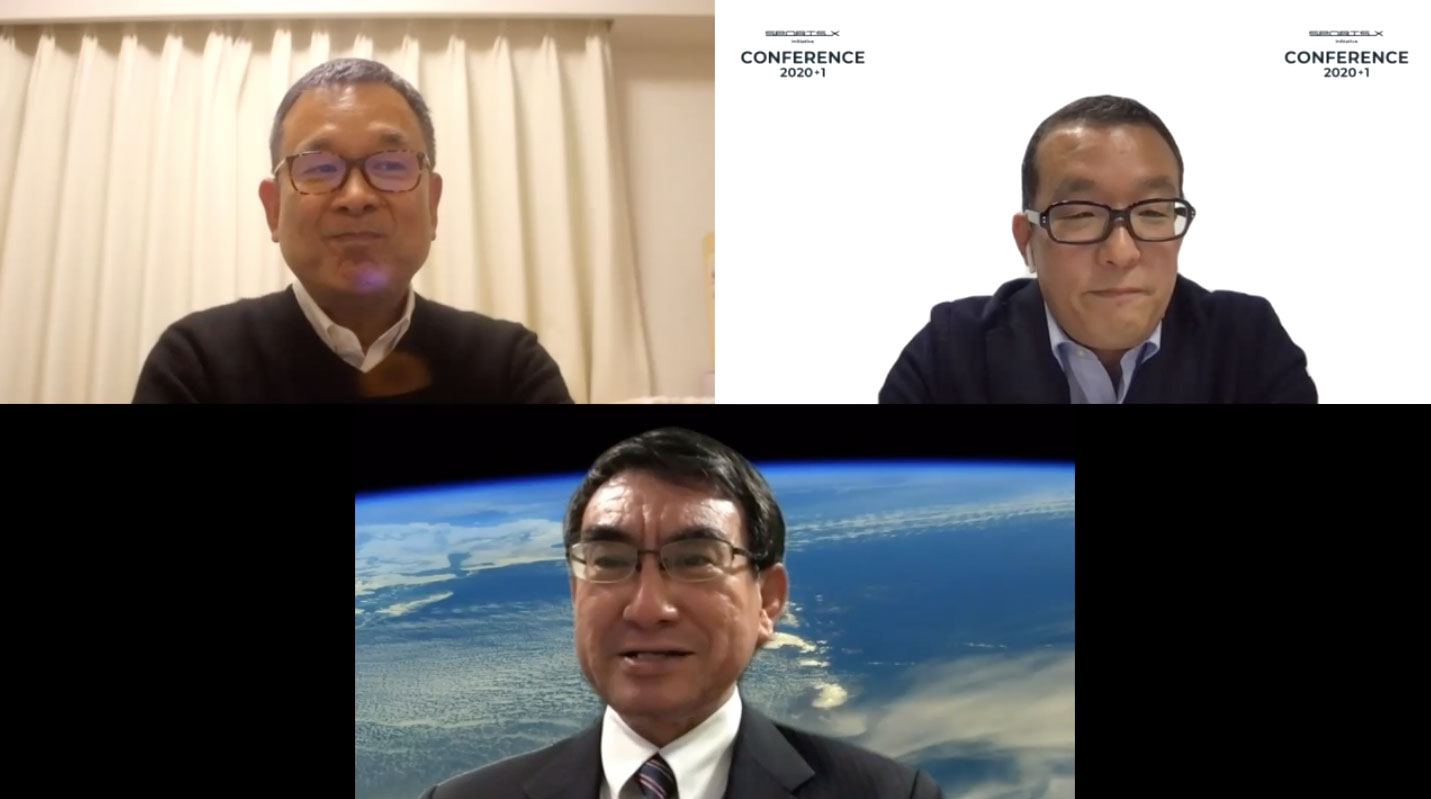 Jリーグチェアマンの村井満氏（画像左上）、モデレーターを務めたSports X Initiativeの橋口寛氏（画像右上）、国務大臣 衆議院議員の河野太郎氏（画像下）
