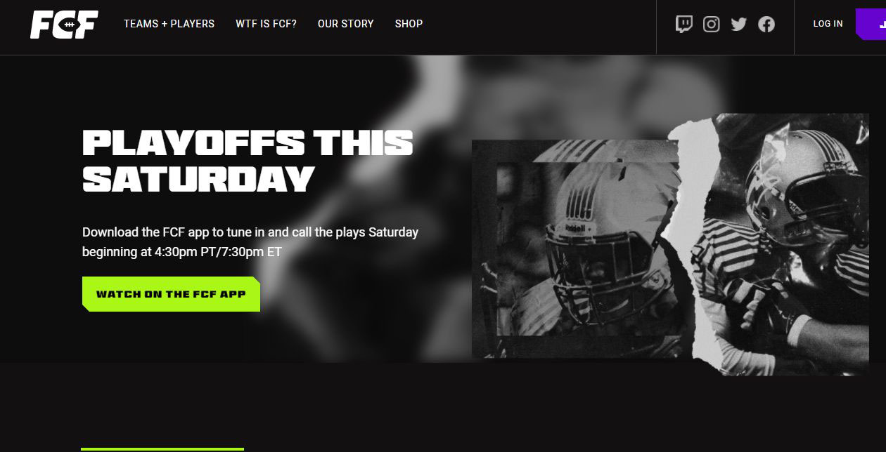 21年2月に最初のシーズンが始まった、「Fan Controlled Football」（FCF）のWebページ