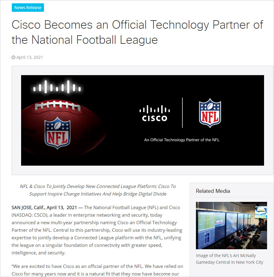 NFLと複数年のリーグスポンサー契約を結んだことを発表するシスコシステムズのプレスリリース