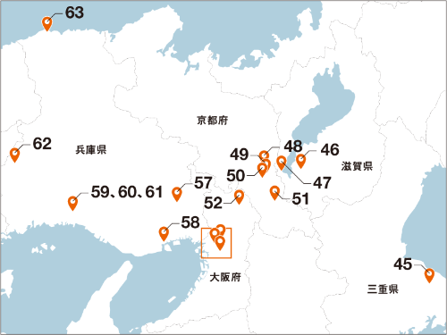 関西地方の「土木のチカラ」。図中の番号は、下の囲みの番号と一致している。図中のオレンジの囲みの拡大図は下を参照（資料：日経コンストラクション）