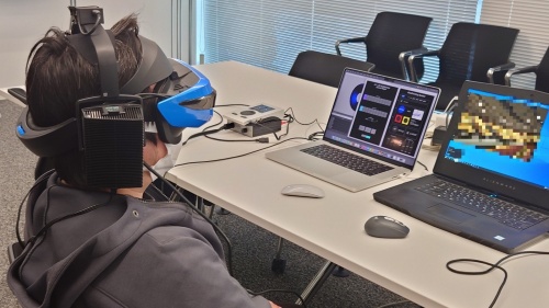 私自身がヘッドマウントディスプレーとヘッドホンをかぶり、コンサートホールの内観と音環境を目と耳で疑似体験している様子(写真:日経クロステック)