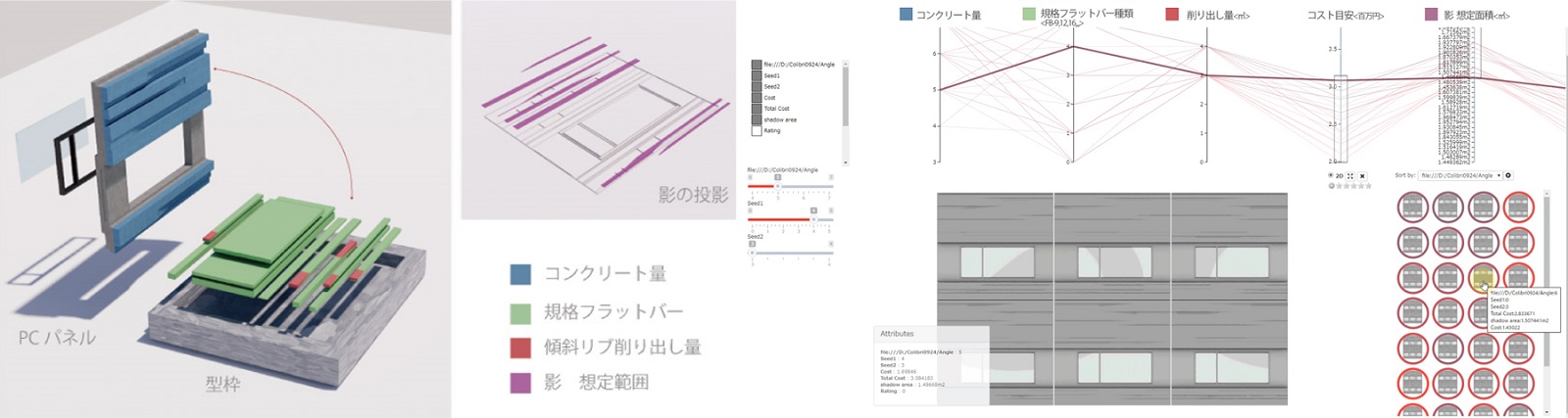ホテル棟の外壁に刻む細かな切れ込みのパターンを、コンピューター上ならパラメーターを変えるだけで何通りも表示できる（資料：清水建設）