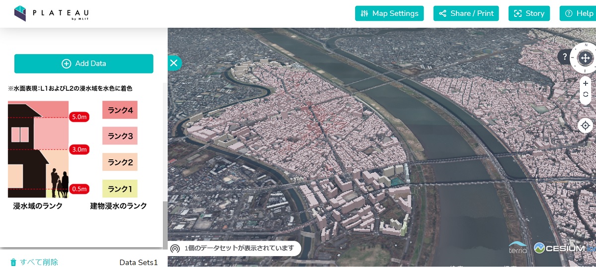 荒川に近いエリアを拡大してみた。浸水ランクが高い「濃い赤の場所」が目に付く（資料：PLATEAU VIEWの画面）