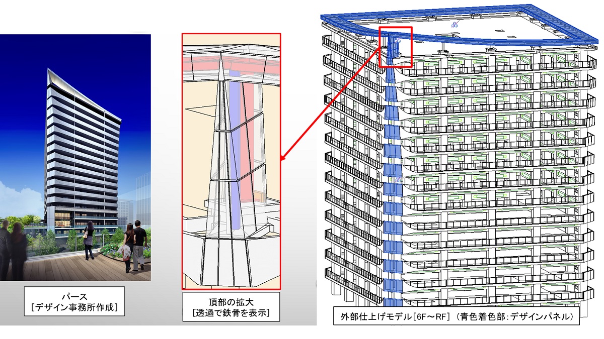屋上アルミ庇と外壁コーナーの仕上げイメージ。青色の部分が連続しているように見せている（資料：長谷工コーポレーション）