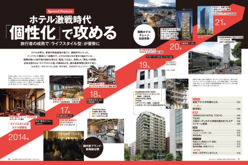 年表の上側は、グローバルホテルチェーンが近年、日本で開業してきたライフスタイル型ホテル。ライフスタイル型とは、利用者それぞれの日常生活の延長線上で、自由な過ごし方を受け入れる新しいタイプ。国内における登場は、東京・虎ノ門の「アンダーズ 東京」が先駆けとされる。年表の下側は、国内で開発されてきたライフスタイル型ホテル。東京・渋谷の「トランンクホテル」が先駆けとされる。三井不動産(開発)、竹中工務店(設計・施工)による「新宮下公園等整備事業」内のホテルは、区の公園と連携するライフスタイル型になると見られる(写真:アンダーズ 東京、トランク、ハイアット セントリック 銀座 東京、星野リゾート、マリオット・インターナショナル、安川 千秋、山本 育憲、日経アーキテクチュア、資料:隈研吾建築都市設計事務所、サンケイビル、積水ハウス)